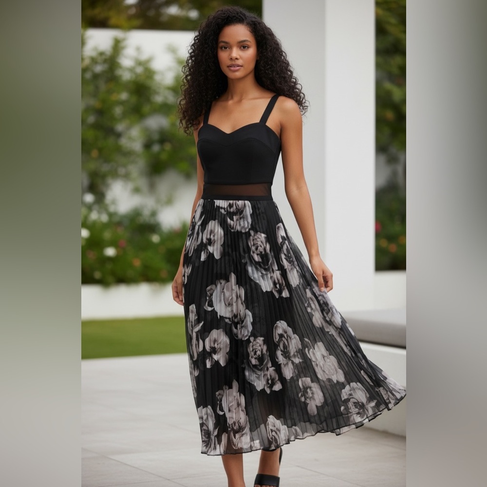 Xscape formal maxi dress, black/floral, size 4